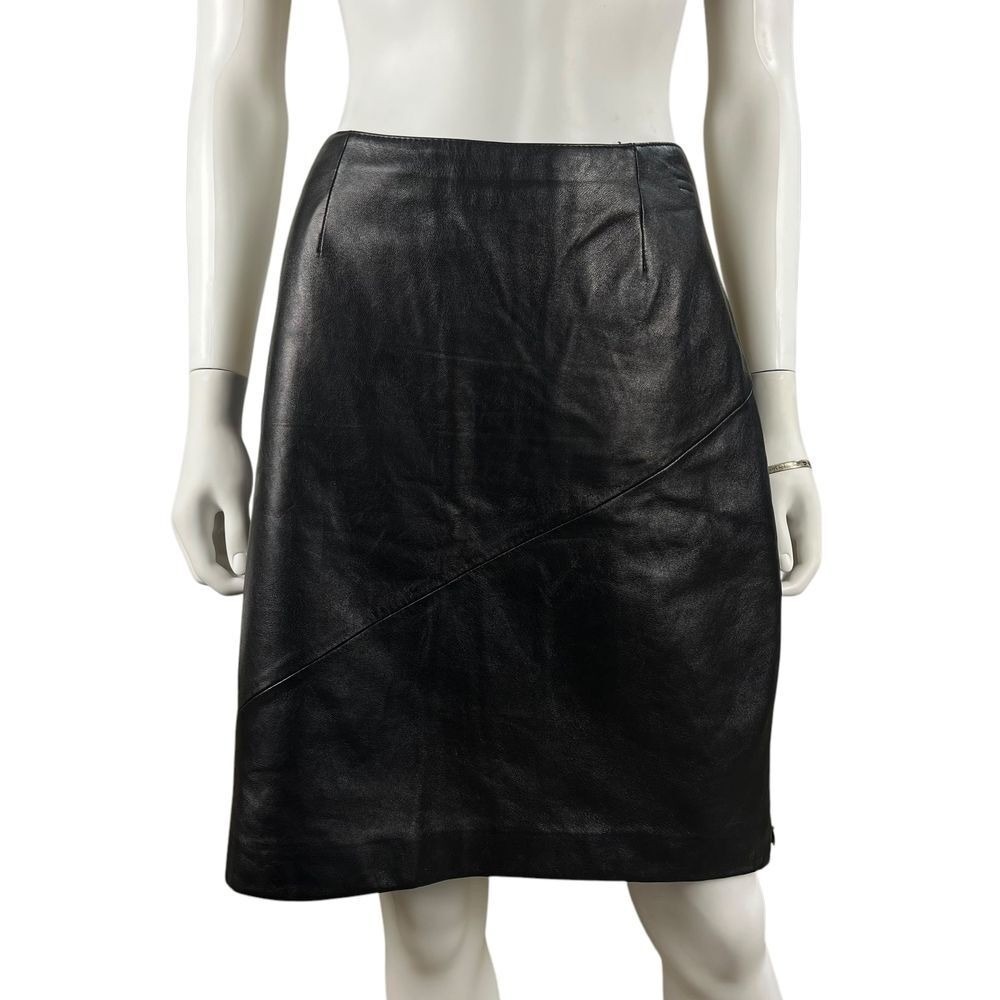 Pelle Studio Wilsons Black Genuine Leather Pencil Skirt Asymmetrical Seam 12 Y2K